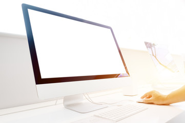 Hand using mouse with white screen desktop - information, connection, communication, and technology concept