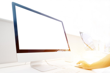 hand using mouse with white screen desktop - information, connection, communication, and technology 