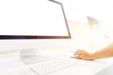 hand using mouse with white screen desktop - information, connection, communication, and technology 