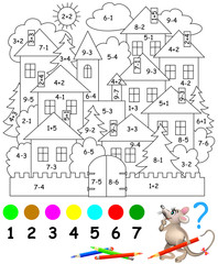 Wall Mural - Educational page with exercises for children on addition and subtraction. Need to solve examples and to paint the image in relevant colors. Developing skills for counting. Vector image.