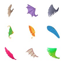 Wings Of Bird Icons Set, Cartoon Style