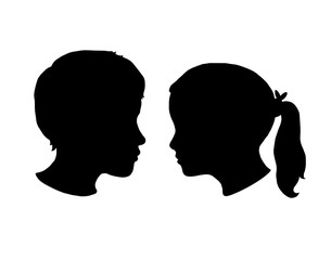 Boy and Girl silhouettes on a white background. Black face profile in vector