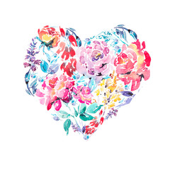 Leinwandbilder - Watercolor colorful floral roses heart