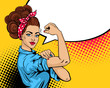 We Can Do It poster. Pop art sexy strong girl. Classical american symbol of female power, woman rights, protest, feminism. Vector colorful hand drawn background in retro comic style.