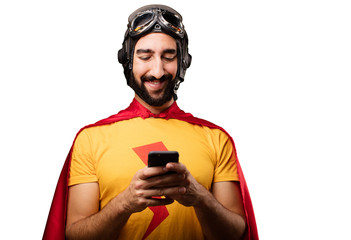 Canvas Print - crazy super hero with mobile phone