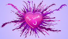 Pink Heart With The Inscription "I Love You" On A Background Of Splashing.