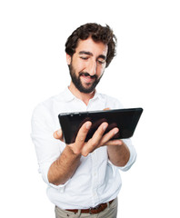 Poster - young funny man with touch screen tablet