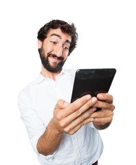 Poster - young funny man with touch screen tablet