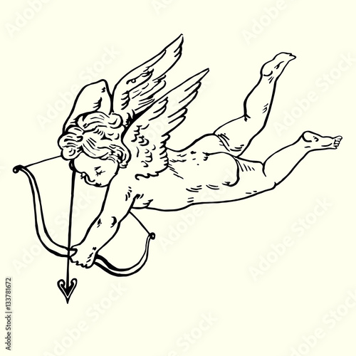 Cuadros en Lienzo Cupid shoots arrows from his bow, hand drawn doodle, sketch in pop art style, ve