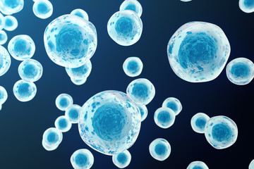 human or animal cells on blue background. medicine scientific concept. 3d rendering