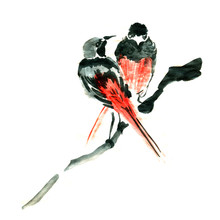 Watercolor Illustration Of Cute Birds In Love.