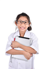 Young female doctor using tablet - isolated over a white backgro