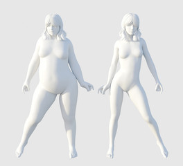 Fat lady and slim diet women. Unhealthy and healthy lifestyle people isolated on light grey background. Mock up template for medicine illustration. White 3d plaster sculpture.