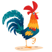 Cartoon Rooster Stands On One Leg, Vector Illustration