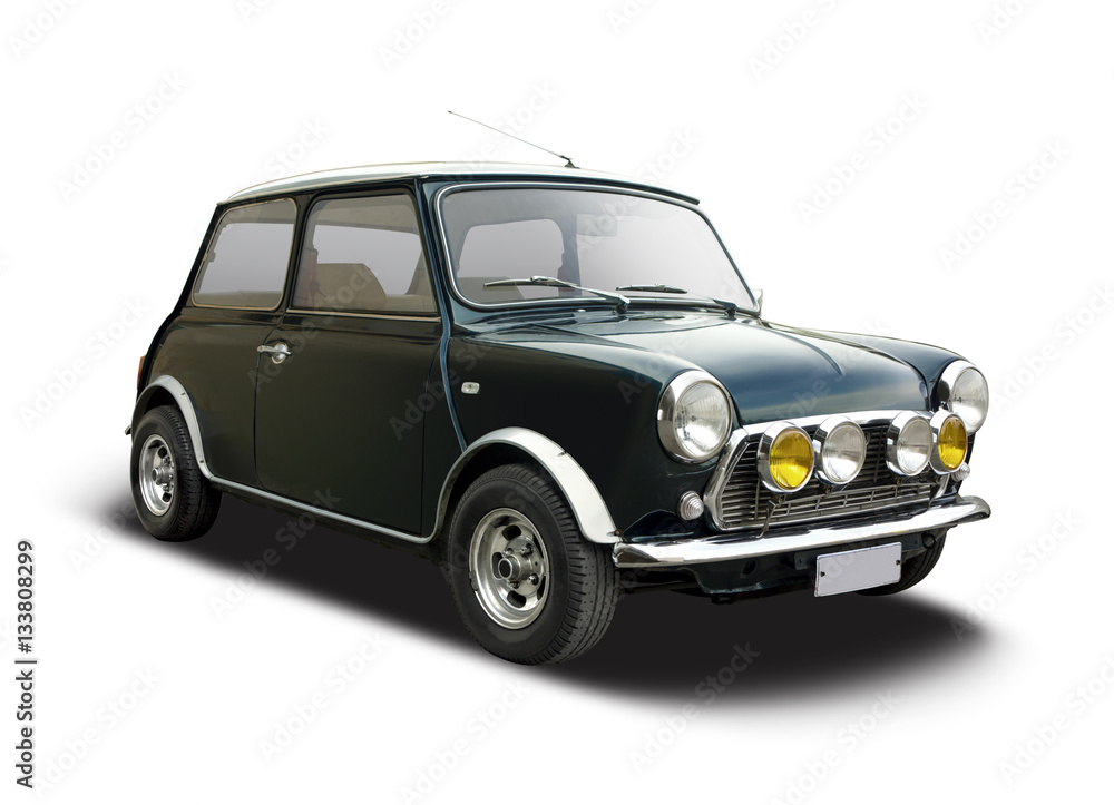 Classic mini car isolated on white - obrazy, fototapety, plakaty 