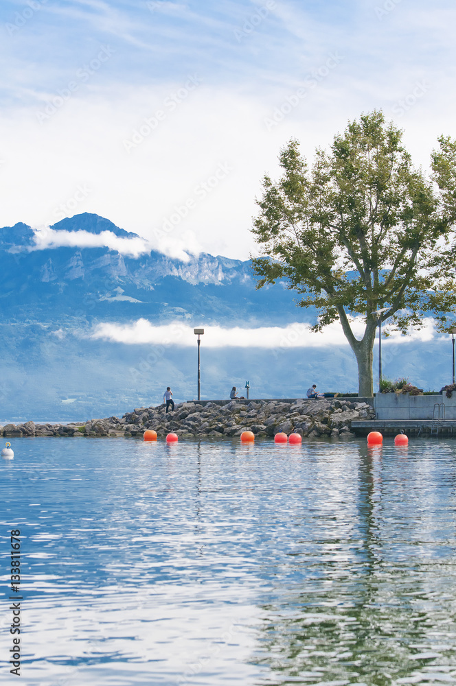 Nice view of lake at Losanna, Switzerland - obrazy, fototapety, plakaty 