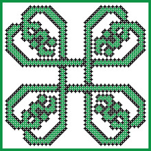 Celtic Style Endless Knot Pattern In Square Style Clover Shape With Hearts Elements In Tile, In  Black And Green Cross Stitch  Inspired By Irish St Patrick's Day And Ancient Scottish Culture  
