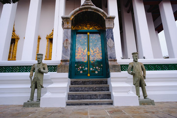 Public place , Traditional and architecture Door Buddhist Church at  Wat Suthat temple in Bangkok, Thailand.