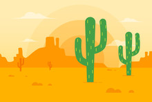 Desert Landscape With Cactus And Mountains In The Background. Flat Design Style.