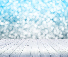 Poster - wood table top on blurred of white and blue bokeh background