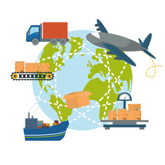 Poster - earth planet with cargo vehicles around over white background. colorful design. vector illustration