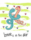 Fototapeta Dinusie - Saint Valentines Day card vector illustration. Greeting cover with cartoon characters. LOVE snakes in doodle style.