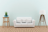 Fototapeta  - white sofa decorate with tree and lamp in the green room interior design in 3D render image