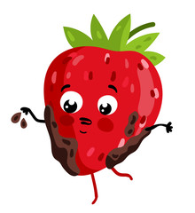 Cute fruit strawberry cartoon character isolated on white background vector illustration. Funny positive and friendly strawberry emoticon face icon. Happy smile cartoon face food emoji, comical fruit