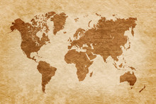 World Map On Grunge Background, Vintage Look