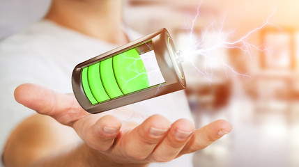 Poster - Man holding 3D render battery with lightning in his hand