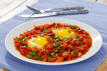 Wall Mural - shakshuka on white dish on table mat