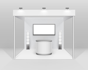 Vector White Blank Indoor Trade exhibition Booth Standard Stand for Presentation with Counter Spotlight Screen Booklet Brochure Holder Isolated on Background