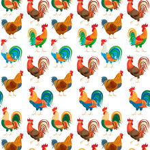Roosters Seamless Pattern. Chickens Farm Cockerel Colorful Vector Illustration