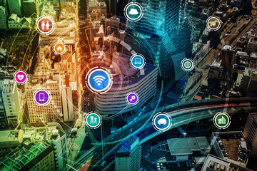 Aufkleber - smart city and wireless communication network, IoT(Internet of Things), ICT(Information Communication Technology), digital transformation, abstract image visual
