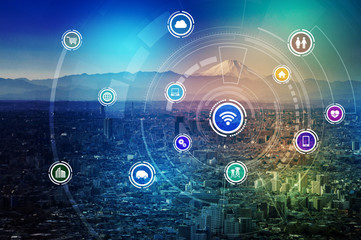 Aufkleber - smart city and wireless communication network, IoT(Internet of Things), ICT(Information Communication Technology), digital transformation, abstract image visual