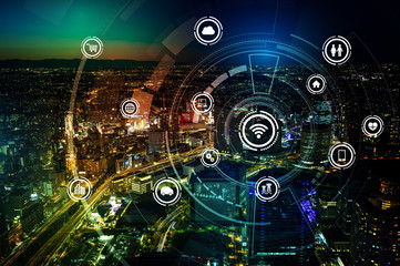 Aufkleber - smart city and wireless communication network, IoT(Internet of Things), ICT(Information Communication Technology), digital transformation, abstract image visual