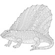 Stylized dimetrodon dinosaur, fossil reptile of the Permian period, isolated on white background. Freehand sketch for adult anti stress coloring book page with doodle and zentangle elements.
