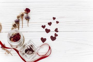 Wall Mural - happy valentine day. stylish hearts in glass jar and roses and r