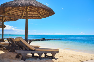 Canvas Print - White sand beach with lounge chairs and umbrellas in Mauritius I