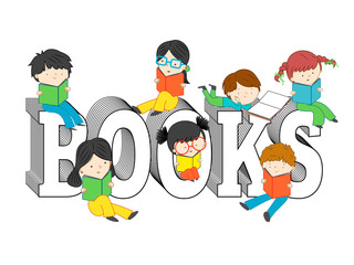 Children and kids reading and sitting on books text vector illustration isolated on white background