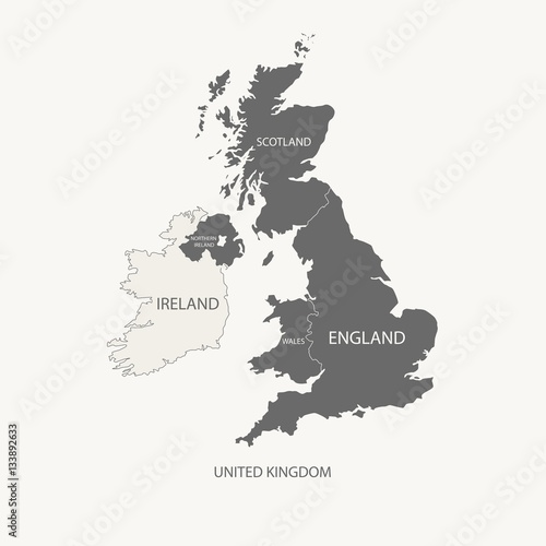 Fotografía UNITED KINGDOM GREY COLOR MAP, UK MAP with borders