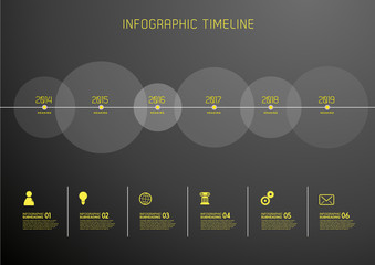 Infographic template with six circles and icons - dark version.