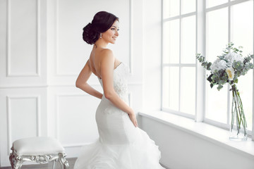 beautiful bride. wedding hairstyle make-up luxury fashion dress concept