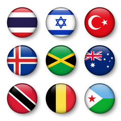 Wall Mural - Set of world flags round badges ( Thailand . Israel . Turkey . Iceland . Jamaica . Australia . Trinidad and tobago . Belgium . Djibouti )