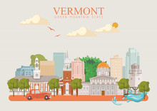 Vermont Vector American Poster. USA Travel Illustration. United States Of America Colorful Greeting Card, Burlington.