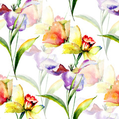 Canvas Print - Summer seamless pattern with Tulip and Narcissus flowers