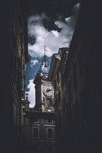Dark View Of Old City Buildings With Clock Tower