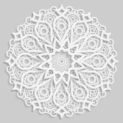 Lace 3D mandala, round symmetrical openwork pattern, lacy doily, decorative  snowflake, arabic ornament, indian ornament, embossed pattern, decorative design element,  vector