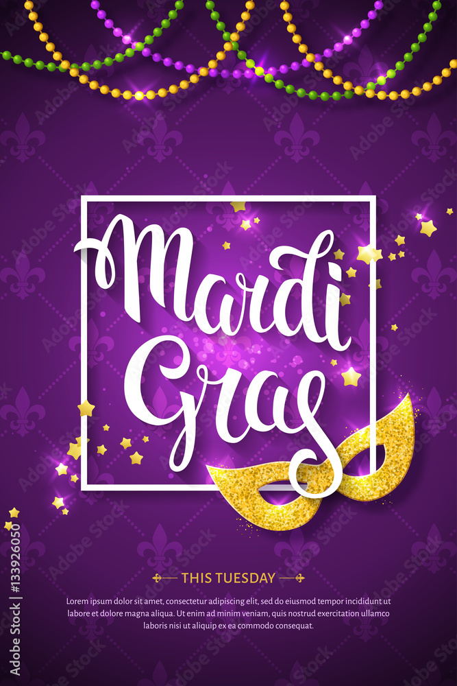 Mardi gras brochure. Vector logo with hand drawn lettering and golden fat tuesday symbols. Greeting card with shining beads on traditional colors background - obrazy, fototapety, plakaty 
