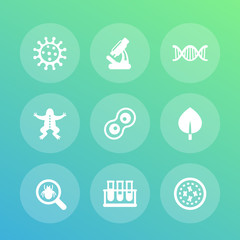 Poster - Biology icons set, cell division, microscope, test-tubes, virus, microbe, microorganism pictograms, vector illustration